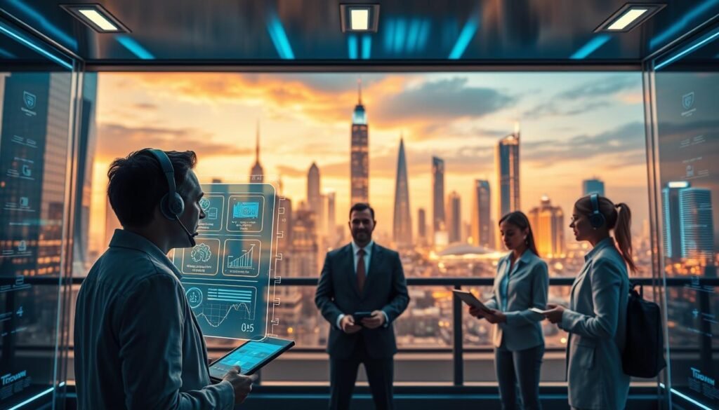a high-tech and futuristic all-weather customer service system for UTown, with a sleek and modern design. In the foreground, a holographic interface displays real-time data and customer interaction options. The middle ground features a team of knowledgeable and attentive customer service agents, each equipped with cutting-edge communication devices. The background showcases the UTown cityscape, with towering skyscrapers and a vibrant, neon-lit atmosphere, reflecting the company's innovative and dynamic nature. The lighting is a balanced mix of warm and cool tones, creating a welcoming and professional ambiance. The camera angle is slightly elevated, giving a comprehensive view of the integrated and efficient customer service setup.