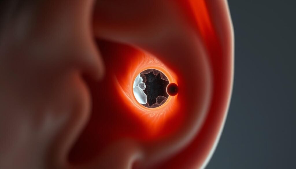 A close-up view of a human inner ear, with the otoliths (ear stones) clearly visible and perfectly aligned within the labyrinth. The image is rendered in a detailed, anatomical style, with a crisp, high-resolution focus that highlights the intricate structures of the membranous labyrinth. The lighting is soft and diffused, creating a sense of calm and clarity. The background is a muted, neutral tone, allowing the ear anatomy to be the central focus of the image. The overall mood is one of medical precision and the immediate aftermath of a successful otolith repositioning procedure.