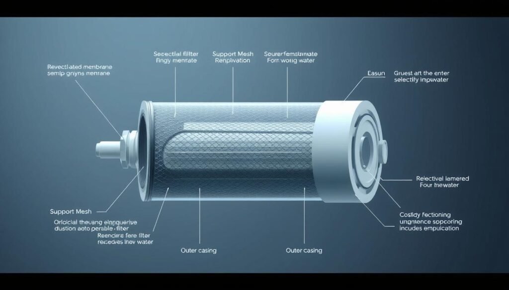 A detailed cutaway diagram showcasing the internal structure of a reverse osmosis water filter cartridge. Crisp, technical illustration style with clean lines and muted colors. The cross-section reveals the multiple layers of the filter media, including the semi-permeable membrane, support mesh, and outer casing. The design should convey the essential functionality of the filter, highlighting how it selectively removes impurities from the water. Emphasis on engineering precision, with careful attention to scale and proportion. The overall mood is informative and educational, suitable for inclusion in a technical article on water purification principles.