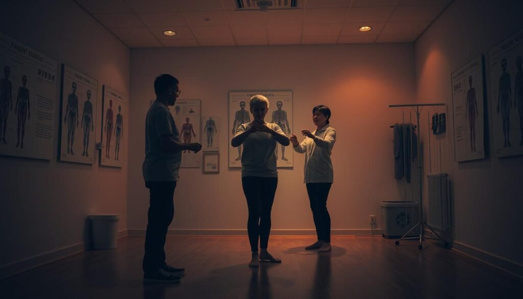 A dimly lit physiotherapy room, the walls adorned with anatomical charts. In the center, a patient, eyes focused, performing a series of intricate balance exercises, guided by a healthcare professional. The patient carefully shifts their weight, adjusting their stance and posture, as they work to restore the function of their inner ear. Soft, warm lighting casts a gentle glow, creating an atmosphere of concentration and rehabilitation. The scene captures the essence of the "耳石復位後的平衡訓練方法", a crucial step in the journey towards recovery from vestibular disorders.