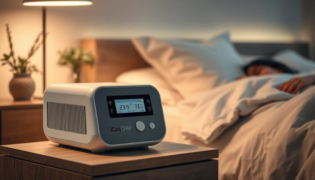 A high-resolution, photorealistic image of a modern iCareCPAP sleep apnea machine placed on a nightstand, with a cozy bedroom setting in the background. The machine has a sleek, minimalist design with a digital display and intuitive controls. The bedroom features soft, warm lighting, a comfortable bed with crisp white linens, and subtle decorative elements that create a calming, serene atmosphere. The image should convey the importance of using a sleep apnea machine for pregnant women, while also highlighting the device's integration into a peaceful, relaxing sleep environment.