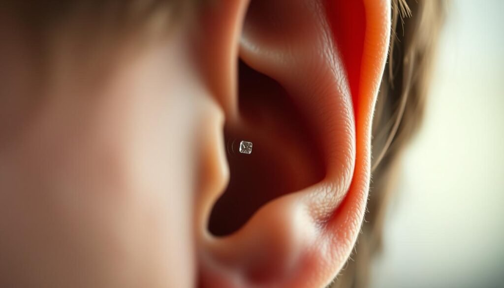 A serene close-up of a person's ear, meticulously rendered in soft, natural lighting. The delicate inner ear structures are visible, with a subtle focus on the otoliths - tiny calcium carbonate crystals within the vestibular system. The image conveys a sense of tranquility and the restorative nature of the "earstone repositioning" treatment, as if gently guiding the viewer through the process of functional recovery. Cinematic, high-resolution, 3D, photorealistic, hyper-detailed, no background, focal length 85mm, f/2.8, ISO 200, 1/125s.