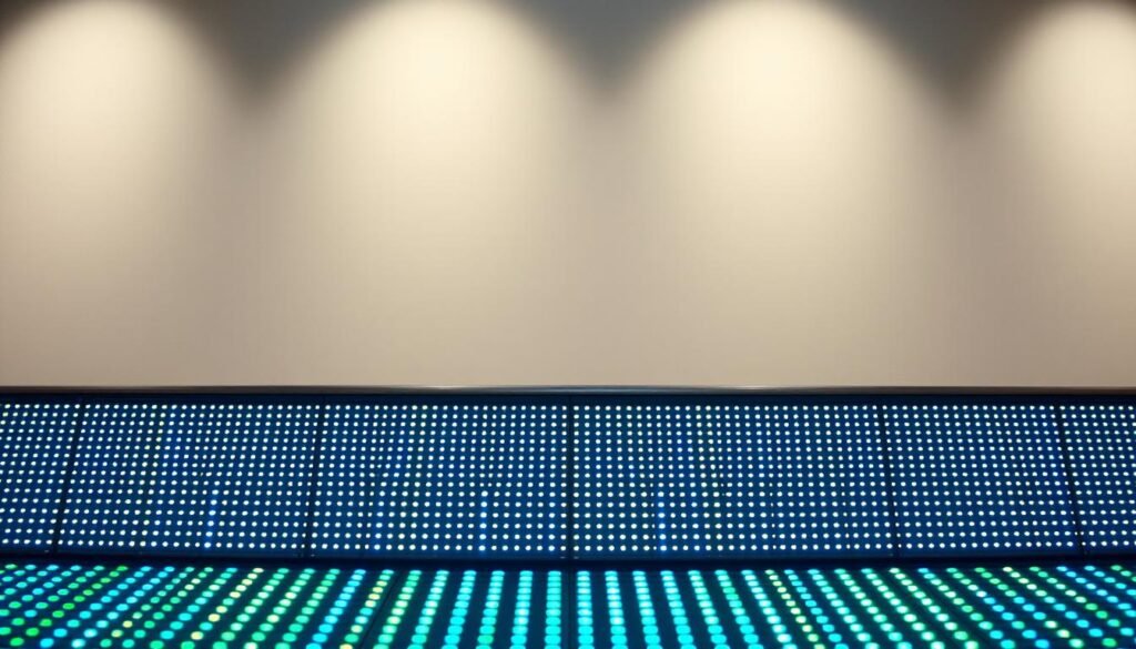 A sleek, modern display showcasing the advanced LED technology of the Aloha brand. In the foreground, an array of crisp, vibrant LED pixels emit a captivating glow, their intricate arrangement hinting at the precision and control of the underlying system. The middle ground features a minimalist, brushed metal housing, its clean lines and subtle texture radiating a sense of quality and sophistication. In the background, a softly diffused, neutral-toned environment provides a calm, professional backdrop, allowing the LED display to take center stage and command attention. Subtle highlights and shadows accentuate the depth and dimensionality of the composition, while balanced lighting creates a polished, high-end aesthetic.