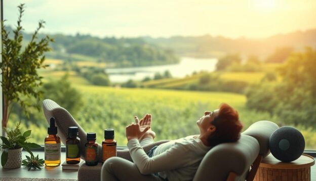 A tranquil scene depicting various self-care techniques for alleviating tinnitus, or ringing in the ears. In the foreground, a person rests in a comfortable chair, practicing focused breathing exercises with their eyes closed. The middle ground features holistic remedies such as herbal tinctures, essential oils, and sound therapy devices. The background showcases a serene natural landscape, with lush greenery and a calming body of water, suggesting the restorative power of the outdoors. Soft, diffused lighting creates a soothing, therapeutic atmosphere. The overall composition conveys a sense of mindfulness, self-empowerment, and evidence-based solutions for managing this common auditory condition.