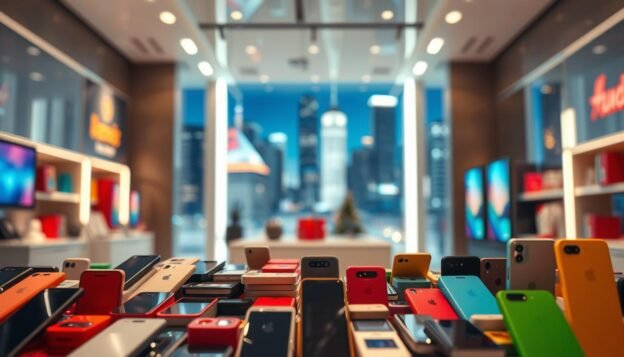 A vibrant and dynamic scene depicting a special Telecombrother holiday promotion. In the foreground, an array of colorful cell phones and digital devices are artfully arranged, showcasing the latest technology and enticing offers. The middle ground features a sleek, modern store interior with bright lighting and minimalist design, creating an atmosphere of sophistication and innovation. In the background, a blurred city skyline with towering skyscrapers and a festive night sky sets the stage, hinting at the excitement and exclusivity of this limited-time event. The overall composition conveys a sense of celebration, technological advancement, and the unique value proposition of Telecombrother's holiday-themed telecommunication offerings.