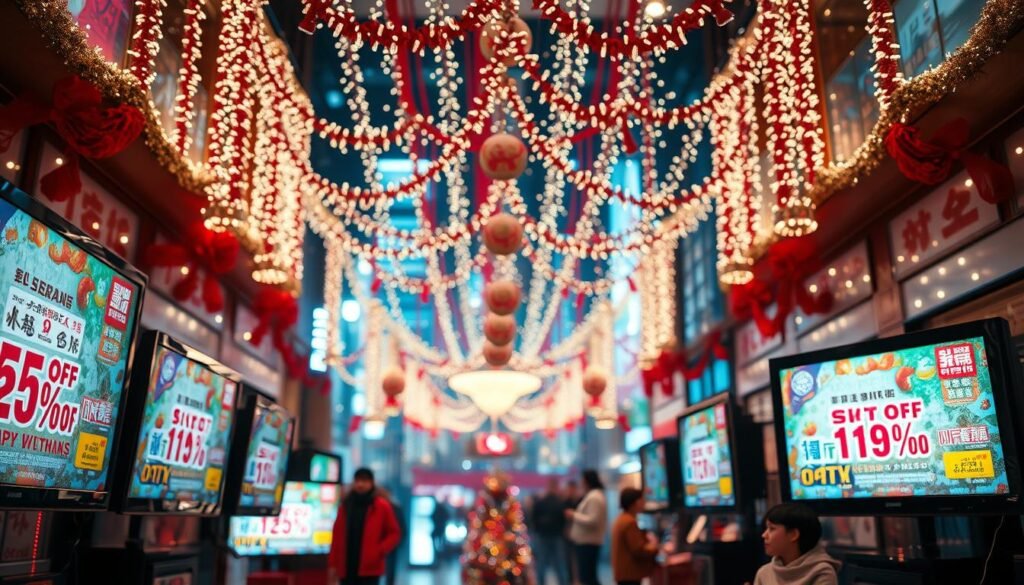 A vibrant and dynamic scene showcasing the "Telecombrother" holiday promotion. In the foreground, an array of television screens display alluring offers and discounts, enticing viewers. The middle ground features a captivating backdrop of festive decorations, including twinkling lights and colorful streamers, creating a celebratory atmosphere. The background is filled with a blurred cityscape, hinting at the bustling energy of the holiday season. The lighting is warm and inviting, casting a soft glow over the entire composition. The overall mood is one of excitement and anticipation, perfectly capturing the essence of the "節日期間轉台優惠概覽".