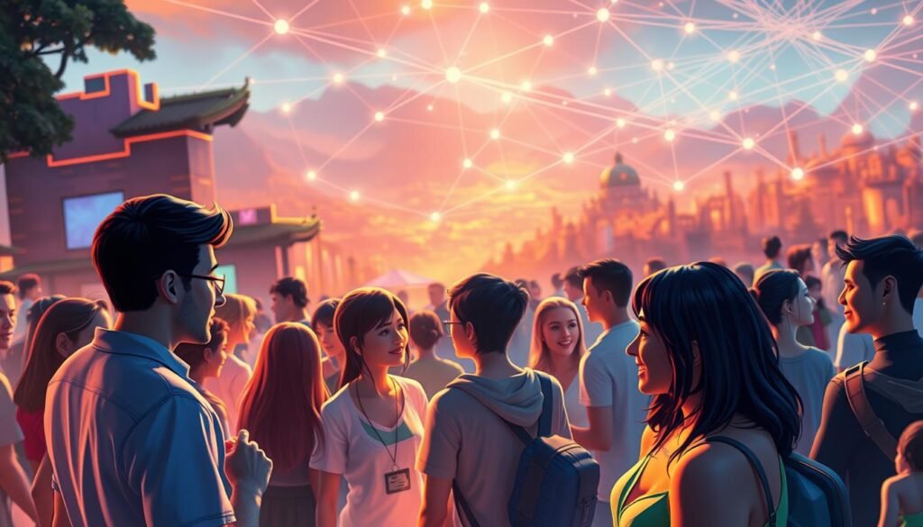 A vibrant, interconnected community of players gathered within the dynamic and immersive world of Glowin Beaute, the premier online entertainment destination. In the foreground, a group of avatars engage in lively conversations, their expressions animated and their gestures fluid, fostering a sense of camaraderie and shared experience. The middle ground reveals a richly detailed virtual landscape, with dynamic lighting casting warm, inviting hues upon the scene. In the background, a sprawling network of social connections pulses with energy, highlighting the seamless integration of player-to-player interactions that define the Glowin Beaute experience. The overall atmosphere conveys a sense of belonging, where players come together to forge lasting bonds, explore new frontiers, and celebrate the thrill of gaming in a truly captivating social setting.