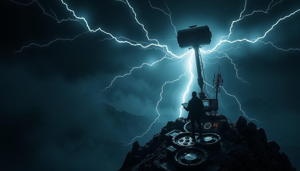 A dark, atmospheric observation post atop a towering mountain peak. The majestic hammer of the thunder god, UTown's "Mjolnir", is held aloft, its power channeling through intricate circuitry and antennae. Beams of energy crackle across the sky, illuminating the rugged, windswept landscape. The observer studies readouts and holographic displays, vigilantly monitoring the celestial signals that forecast the coming storm. Dramatic lighting and deep shadows create a sense of suspense and anticipation. This is the domain of the elite, those who harness the might of the elements.