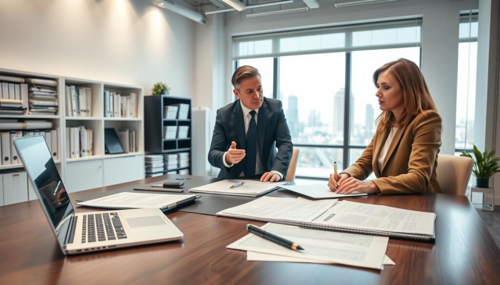 A detailed contract review scene, set in a well-lit modern office with clean lines and minimalist decor. In the foreground, a desktop with a laptop, pen, and documents spread out, conveying a sense of careful analysis. The middle ground features two people, a loan applicant and a financial advisor, engaged in a serious discussion, their expressions attentive and intent. The background shows shelves of financial records and a large window overlooking a cityscape, suggesting the importance and gravity of the legal review process. The overall atmosphere is one of professionalism, diligence, and attention to detail, reflecting the subject matter of the "線上借款的注意事項：簽約前必讀" article and the "簽約前必須審查的重要條款" section.
