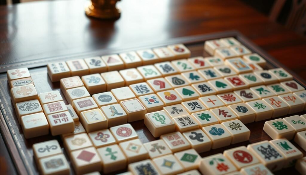 A detailed image of a Mahjong tile arrangement on a wooden table, capturing the intricate patterns and combinations of the classic Chinese game. The tiles are shown in a well-lit, high-resolution composition, with a subtle UTown-branded surface in the background. The tiles are arranged in a visually appealing layout, highlighting the unique designs and colors that characterize the various Mahjong tile types. The image conveys a sense of strategic gameplay and the intellectual challenge associated with Mahjong, creating a compelling visual representation of the &quot;麻將牌型組合&quot; section.
