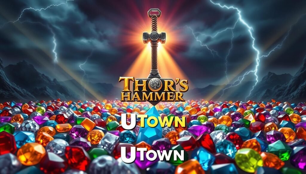 A dramatic scene of the 'Thor's Hammer' game in full removal mode. In the foreground, an array of colorful gemstones and crystals fill the screen, arranged in a complex pattern. Rays of bright, focused lighting illuminate the gems, creating a sense of energy and intensity. In the middle ground, the iconic hammer of the Norse god Thor hovers, casting a powerful, imposing shadow over the gemstones. The background is a dark, moody landscape with swirling clouds and flashes of lightning, hinting at the game's mythological themes. The overall atmosphere is one of excitement, challenge, and the thrill of strategic gameplay. The UTown logo is tastefully integrated into the composition.