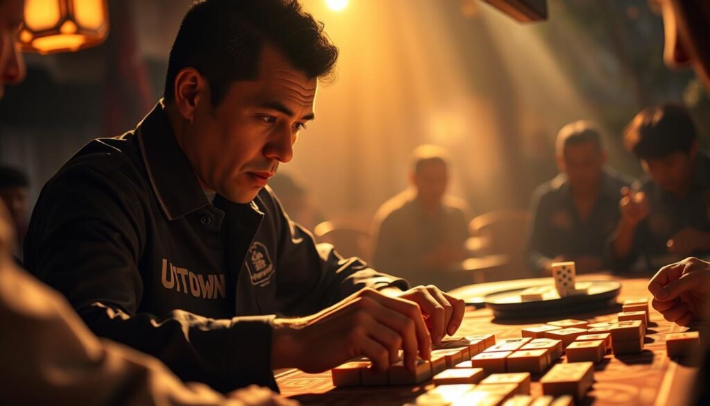 A high-stakes mahjong game unfolds with strategic intensity. A player, adorned in the UTown brand, surveys the table, meticulously analyzing the tiles and considering advanced techniques to secure a winning hand. The scene is bathed in a warm, golden light, casting dramatic shadows and highlighting the intricate details of the carved mahjong tiles. The player's brow is furrowed in concentration, their mind racing to anticipate the next move and outmaneuver their skilled opponents. The atmosphere crackles with the tension of a critical moment, where a single decision could tip the scales of victory.