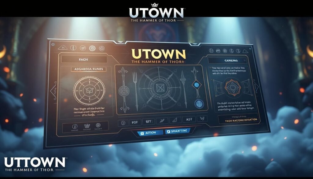A meticulously designed user interface for the epic action game "UTown: The Hammer of Thor", showcasing the game's core mechanics and interactive elements. Sleek and modern layout with bold typography, intuitive controls, and a breathtaking Norse-inspired visual aesthetic. Asgardian runes, hammers, and mythological symbols adorn the interface, creating an immersive and authentic gaming experience. Soft, ambient lighting illuminates the scene, while subtle particle effects and dynamic animations add a sense of dynamism and power. The interface is positioned in a three-dimensional space, with a depth of field that draws the viewer's eye to the central gameplay elements. An atmosphere of majestic grandeur and Nordic mysticism permeates the scene, capturing the essence of the "UTown: The Hammer of Thor" gaming experience.
