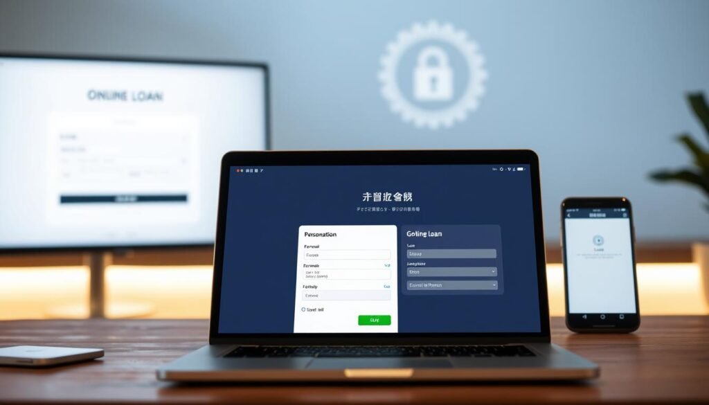 A modern, minimalist web interface showcasing the process of online loan application. In the foreground, a laptop or mobile device displays a clean, user-friendly form with fields for personal information and loan details. The middle ground features a subtle background gradient or pattern, conveying a sense of digital security and reliability. The lighting is soft and warm, creating a welcoming atmosphere. The overall composition should convey the ease and convenience of the online loan application experience, without distracting elements. The focus should be on the simplicity and accessibility of the "線上借款" process.