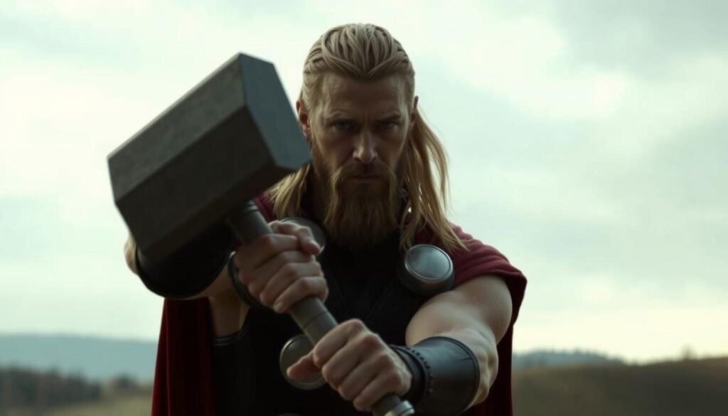 A serene and measured Thor, the mighty god of thunder, wielding his iconic Mjolnir hammer. The scene is set in a tranquil, UTown-inspired landscape, with rolling hills and a calm, overcast sky. The god's expression is focused, his stance poised and balanced, as he prepares to unleash a controlled, strategic strike against his foes. The lighting is soft and diffused, creating a sense of contemplation and deliberation. The overall atmosphere conveys a cautious, well-considered approach to overcoming challenges, in contrast to a more reckless or high-risk strategy.