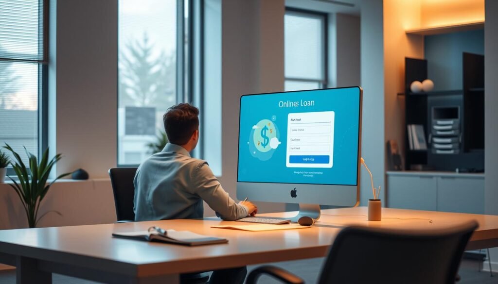 A serene office scene with a person sitting at a desk, surrounded by a minimalist, modern interior. Warm, natural lighting filters through large windows, casting a soft glow on the workspace. The desktop display showcases a simple, user-friendly interface for an online loan application, highlighting the convenience and accessibility of the process. The atmosphere conveys a sense of trust, professionalism, and efficiency, reflecting the advantages and ease of obtaining a loan through this digital platform.