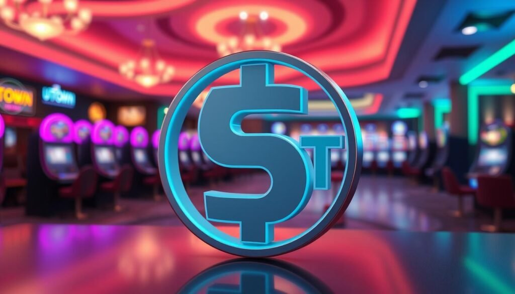 A sleek and modern USDT cryptocurrency symbol rendered in 3D, with a clean and minimalist aesthetic. The virtual currency is depicted against a backdrop of a blurred UTown casino interior, conveying a sense of digital finance and gaming integration. Soft lighting illuminates the USDT logo, creating depth and dimension. The overall composition is balanced and visually appealing, suitable for illustrating the section on USDT in the article.