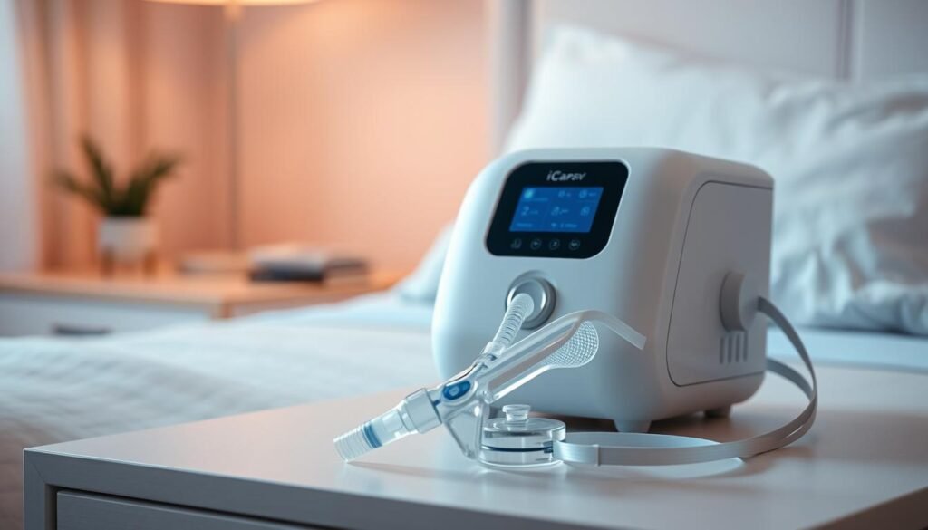 A sleek and modern iCareCPAP sleep apnea machine sits on a minimalist bedside table, bathed in soft, warm lighting. The device's smooth, contoured design and discreet control panel convey a sense of technological sophistication and patient-centric comfort. In the foreground, a high-quality nasal mask rests, ready to provide gentle, customized airflow for a restful night's sleep. The background features a calming, blurred bedroom scene, inviting the viewer to envision the machine's seamless integration into a soothing sleep environment. The overall composition captures the essence of a sleep therapy solution that prioritizes both efficacy and user experience.