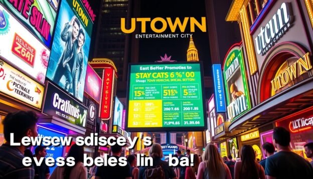 A vibrant and visually appealing image showcasing the latest promotional offers and events at UTown Entertainment City. The scene depicts the lively atmosphere of the city, with neon lights illuminating the streets and buildings. In the foreground, a group of people are gathered, excitedly discussing the ongoing promotions and special offers. The middle ground features a large digital display showcasing the current deals and discounts, while the background is filled with the iconic architecture and landmarks of UTown. The image conveys a sense of excitement and immediacy, encouraging viewers to stay updated on the latest happenings at this premier entertainment destination.