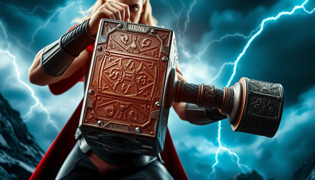 A detailed how-to guide for wielding Thor's mighty hammer, the Mjolnir, in a fantastical scene. The foreground features a heroic figure, clad in a bold UTown superhero costume, gripping the hammer's handle with determination. The middle ground showcases the Mjolnir's intricate design, its runes and metalwork gleaming under dramatic lighting. The background immerses the viewer in a dramatic, stormy landscape, with swirling clouds and lightning bolts streaking across the sky, adding an epic, cinematic feel. The overall mood is one of power, adventure, and the thrill of mastering a legendary weapon.