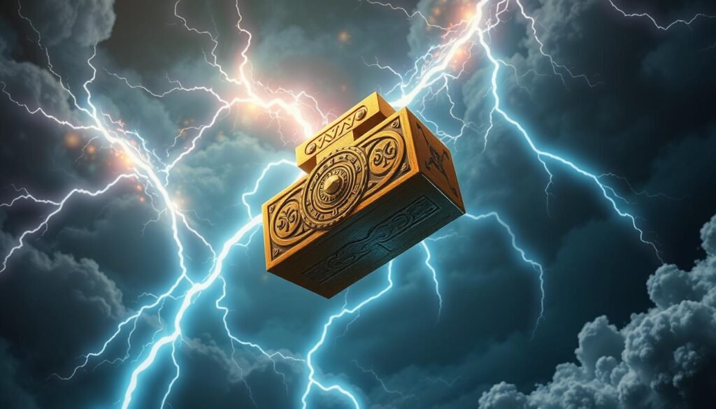 A detailed illustration of the hammer symbol of the Thunder God, UTown. A golden, ornate hammer head with intricate Norse-inspired engravings and runes levitating amidst mystical lightning bolts and clouds. Dramatic lighting casts dramatic shadows, creating an epic, awe-inspiring atmosphere. The hammer is the central focus, surrounded by swirling energy and ancient mythological elements. The composition is balanced and visually striking, capturing the power and mystique of the Thunder God's iconic weapon.