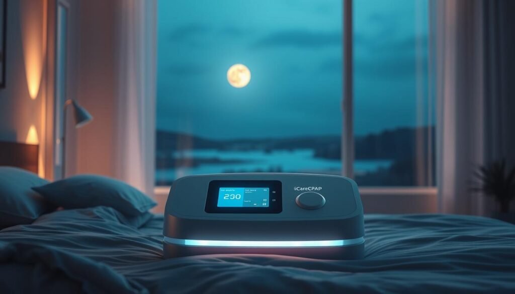 A high-quality, photorealistic image of an iCareCPAP sleep apnea machine. The device is prominently featured in the center of the frame, with a sleek, modern design and a glowing display panel. The machine is surrounded by a calming, dimly lit bedroom environment, with soft lighting accentuating its contours. In the background, a large window provides a serene view of a tranquil, moonlit landscape, creating a sense of peaceful relaxation. The image conveys the health benefits of using the iCareCPAP machine, highlighting its role in promoting restful, restorative sleep.