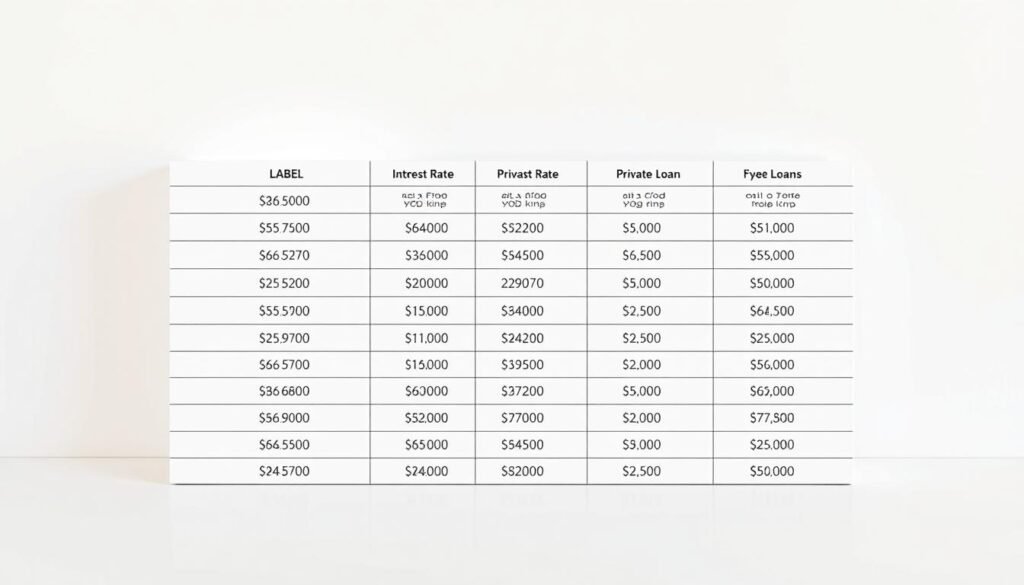 A neatly organized table showcasing various private loan options, their interest rates, and key details, set against a clean, minimalistic background. The table should be well-structured, with clear column headers and rows highlighting the loan type, interest rate, repayment terms, and any additional fees or requirements. The overall mood should convey a sense of professionalism and financial transparency, guiding the viewer to make an informed decision about the most suitable private loan recommendation for their needs.