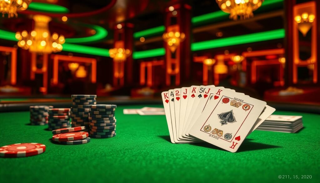 A neon-lit casino table, the green felt surface gleaming under warm overhead lighting. Crisp, pristine playing cards are fanned out, revealing the elegant patterns and symbols of the classic Baccarat game. Stylized Casino chips in various denominations are stacked neatly, hinting at the high-stakes thrills of the table. The scene exudes an air of sophisticated elegance, inviting the viewer to delve into the intricacies and strategic depth of this timeless card game. Subtle shadows and highlights accentuate the three-dimensional forms, creating a sense of depth and tangibility. The overall atmosphere is one of refined excitement, capturing the essence of the "百家樂遊戲規則" at the heart of this captivating gaming experience.