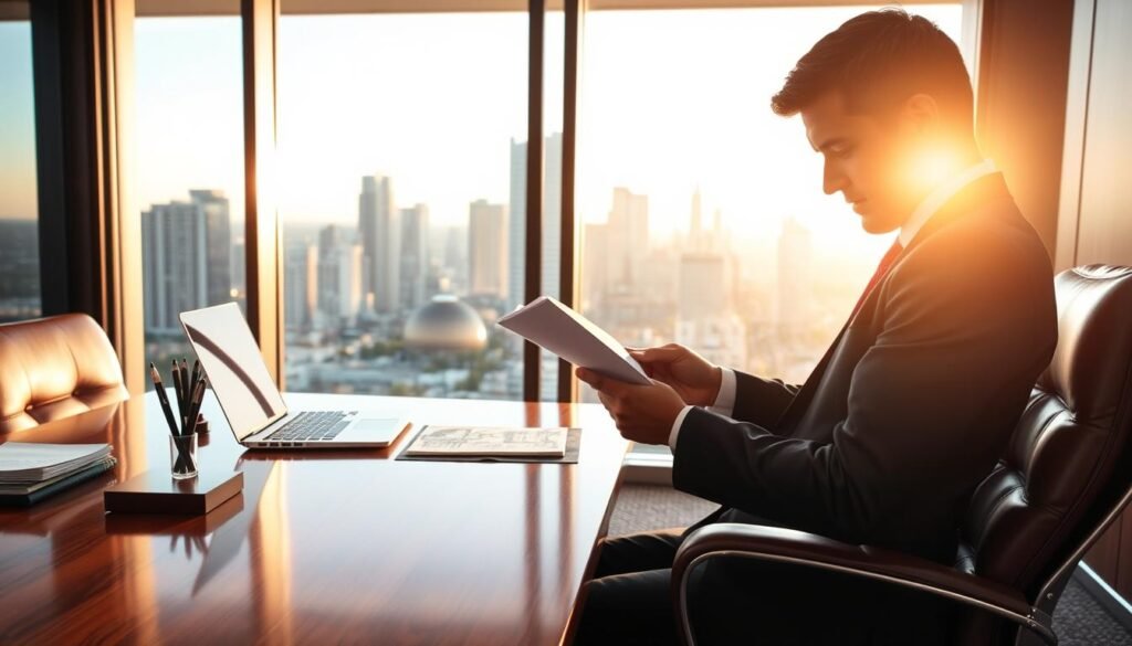 A sleek, modern office interior with a wooden desk and leather chair. On the desk, a laptop, a pen holder, and a stack of documents. Behind the desk, a large window overlooking a bustling city skyline, bathed in warm, golden afternoon light. In the foreground, a well-dressed professional, their face obscured, examining a document intently, conveying a sense of careful consideration and evaluation of financial information. The mood is one of diligence, authority, and trustworthiness, reflecting the reliability and credibility of the recommended private loan options.