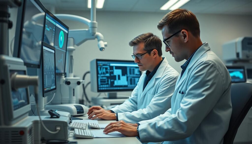 A well-lit laboratory workspace with cutting-edge medical equipment and iCareCPAP sleep apnea devices prominently displayed. Researchers in white coats poring over data visualizations and computer screens, deep in concentrated study. The atmosphere is one of scientific inquiry and technological innovation, with a sense of progress and discovery. Soft, directional lighting illuminates the scene, casting dramatic shadows and highlighting the technical details of the research instruments. The overall mood is serious and purposeful, conveying the importance of the sleep apnea research being conducted.