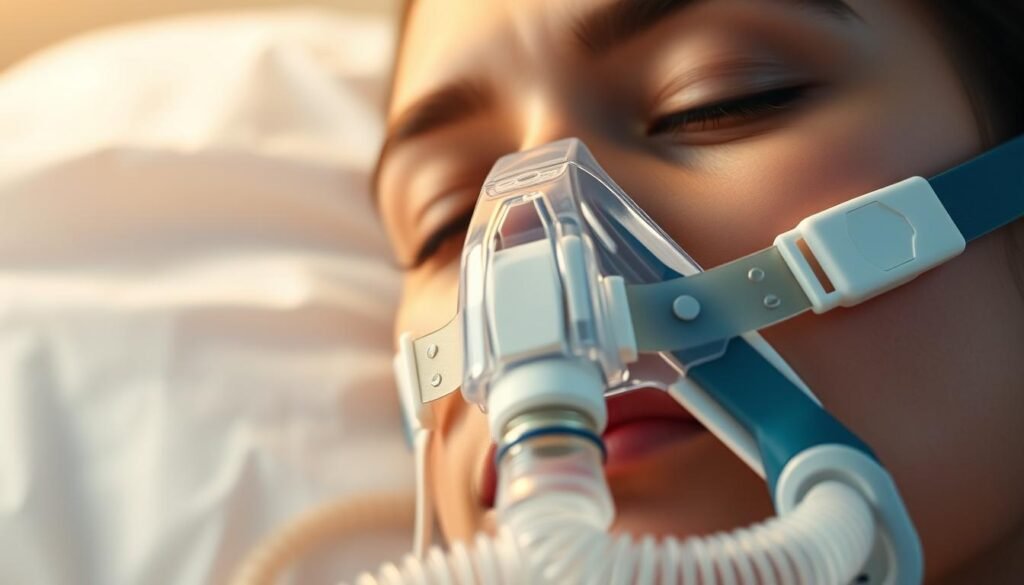 A close-up view of a person's face wearing an iCareCPAP sleep apnea mask, with the mask's tubing and equipment visible in the middle ground. The person's eyes are closed, indicating they are sleeping comfortably. The lighting is soft and diffused, creating a peaceful, therapeutic atmosphere. The background is blurred, keeping the focus on the essential details of the sleep apnea treatment process. The image conveys the proper technique and ease of use for the iCareCPAP sleep apnea machine, illustrating how to effectively utilize this medical device for optimal treatment results.