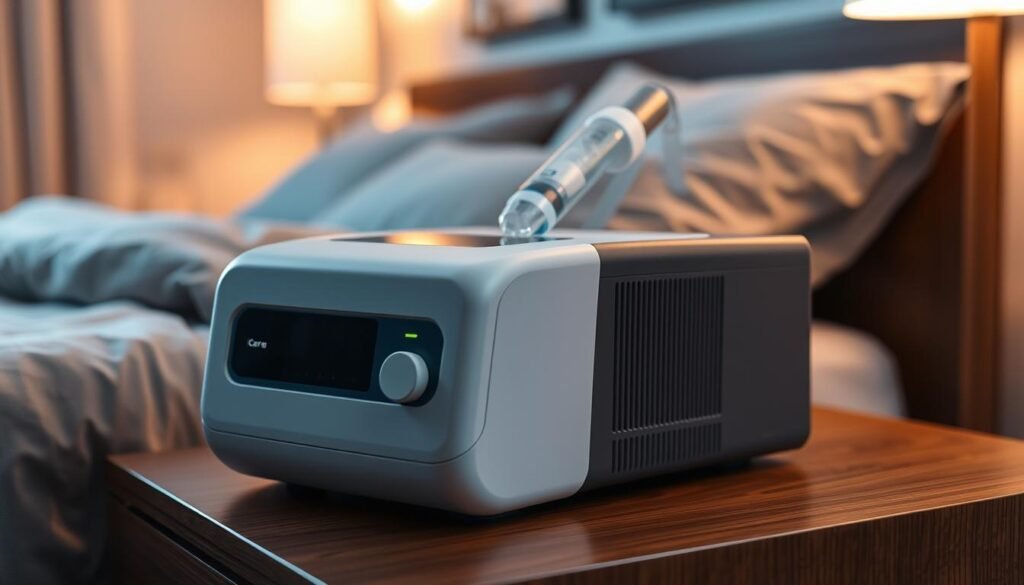 A high-quality iCareCPAP sleep apnea machine, sitting on a wooden nightstand. The device has a sleek, modern design with a discreet control panel and adjustable airflow settings. Soft, diffused lighting illuminates the machine, creating a calming, therapeutic atmosphere. In the background, a cozy bedroom setting with a plush bedding and subtle wall decor. The composition emphasizes the importance and integration of the sleep apnea machine as a vital part of the user's nighttime routine for improved respiratory health and restful sleep.