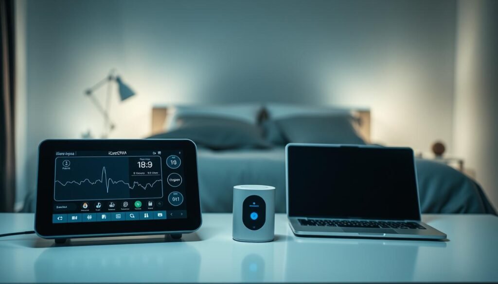 A sleek, modern iCareCPAP sleep apnea monitoring system displayed on a clean, minimalist desk. The foreground showcases a high-tech display panel with real-time breathing data, heart rate, and oxygen levels. The middle ground features a stylish, compact iCareCPAP device alongside a laptop or tablet for remote monitoring. The background has a serene, dimly lit bedroom setting with soft lighting, creating a calming atmosphere conducive to restful sleep. The overall composition conveys the advanced technology and user-friendly design of the iCareCPAP system, emphasizing its role in effectively monitoring and managing sleep apnea.