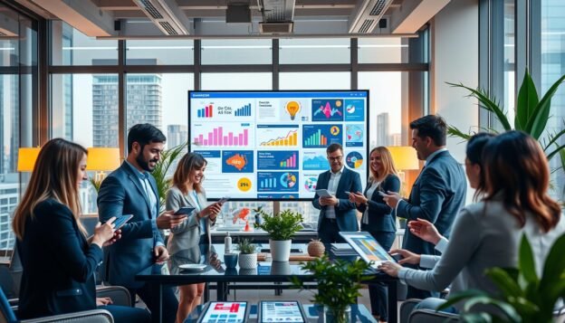 A dynamic office scene depicting diverse advertising strategies in action. In the foreground, a group of professional individuals, dressed in business attire, engage enthusiastically with digital devices and colorful visual aids. In the middle ground, a large digital screen displays various advertising metrics and creative campaign concepts tailored for different demographic groups. The background reveals a modern, well-lit office environment with large windows showcasing a cityscape, hinting at the global reach of marketing efforts. Soft, warm lighting enhances the collaborative atmosphere, while strategic placement of plants adds a touch of greenery, symbolizing growth and diversity in advertising approaches. The overall mood is vibrant and professional, reflecting creativity and inclusivity in advertising strategies.