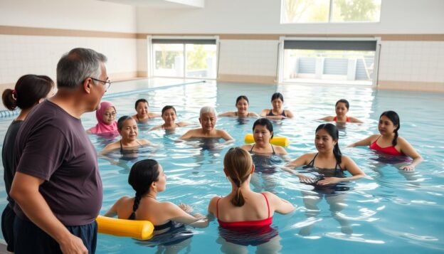 A bright indoor swimming pool setting, where a diverse group of adult learners in modest swim attire is engaged in a swimming class. In the foreground, a focused instructor demonstrates proper swimming techniques, emphasizing body posture and stroke movements. The middle ground shows enthusiastic students practicing alongside pool floats, with some receiving guidance from fellow participants. The background features clear, inviting water and reflections on the tiled pool floor. Soft, natural lighting filters through large windows, creating an uplifting and encouraging atmosphere. The scene conveys a sense of community and determination as everyone learns the essential skills of swimming.