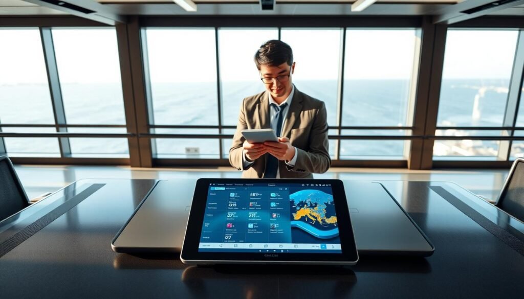 A high-tech office environment with a sleek, modern desk at the forefront, showcasing an advanced tablet displaying the OceanEsim app interface. In the middle ground, a professional person dressed in business attire is attentively analyzing the app's features, with a look of satisfaction and curiosity. The background features large windows revealing a stunning ocean view, symbolizing connectivity and the beauty of travel. Soft, natural lighting creates a warm atmosphere, illuminating the workspace while casting gentle shadows. The image captures the convenience and efficiency of using OceanEsim, emphasizing its importance in multi-city travel planning from Taiwan. The focus is on showcasing technology and professionalism, encapsulating the essence of usability and innovation.