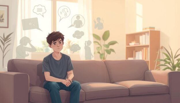 A visually compelling illustration depicting the symptoms of anxiety disorders. In the foreground, feature a young adult sitting on a couch in a softly lit, serene living room, dressed in casual but modest clothing, with a worried expression. Surrounding them, ghostly outlines of common anxiety symptoms such as racing thoughts, excessive sweating, and tense body language, swirling in a misty haze. In the middle ground, incorporate soft, muted colors to emphasize a sense of unease, while a window lets in gentle natural light, casting soft shadows. The background should have calming elements like plants and bookshelves, creating a contrast to the foreground's anxiety depiction. The overall mood should evoke awareness and understanding without being overwhelming.