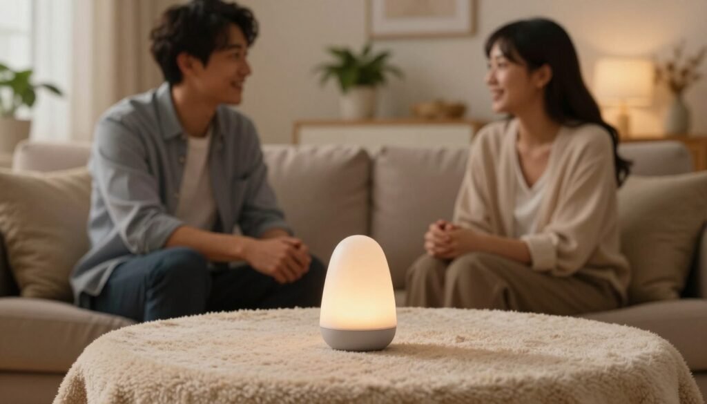 A cozy and intimate setting featuring a versatile vibrating cup, elegantly placed on a soft, textured surface like a plush blanket. In the foreground, a couple sits side by side on a comfortable sofa, both dressed in business casual attire, engaged in a conversation, smiling, and sharing a light moment. The middle ground showcases the vibrating cup, subtly highlighted with soft, warm lighting, suggesting its multifunctional use. The background is softly blurred, featuring a tasteful living room environment with warm tones, some plants, and decorative elements to enhance the romantic atmosphere. The image captures a cinematic vibe, evoking warmth and connection, with a 4:3 aspect ratio to focus on the interaction and the product.