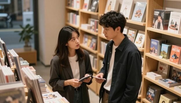 In a cozy, warmly-lit interior of a contemporary adult shop, a young man and woman, dressed in smart casual clothing, engage in a thoughtful discussion while browsing various products on the shelves. The background shows neatly organized items, including books and games, creating an inviting atmosphere that emphasizes a sense of exploration and comfort. Soft, ambient lighting casts gentle shadows, enhancing the intimacy of the scene. The angle is slightly elevated, capturing the expressions of curiosity on their faces. The setting reflects a modern space designed to cater to the interests and needs of young adults, showcasing the appeal and accessibility of the shop.