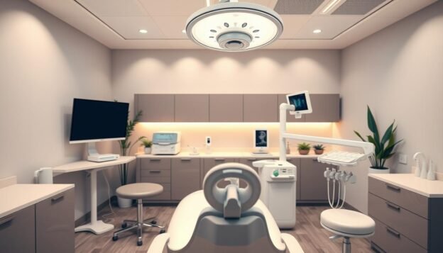 A modern dental clinic, showcasing a pristine and professional environment. In the foreground, a sleek dental chair with a high-tech dental light overhead. The middle ground features a well-organized workspace with advanced dental equipment, such as an ultrasonic scaler and a digital X-ray machine, all gleaming under soft, warm lighting. The background displays a calming, minimalist design with pastel-colored walls and plants for a soothing atmosphere. The clinic is free of clutter, emphasizing cleanliness and order. Overall, the mood is serene and inviting, suggesting a place where clients can feel relaxed and confident about their dental care.