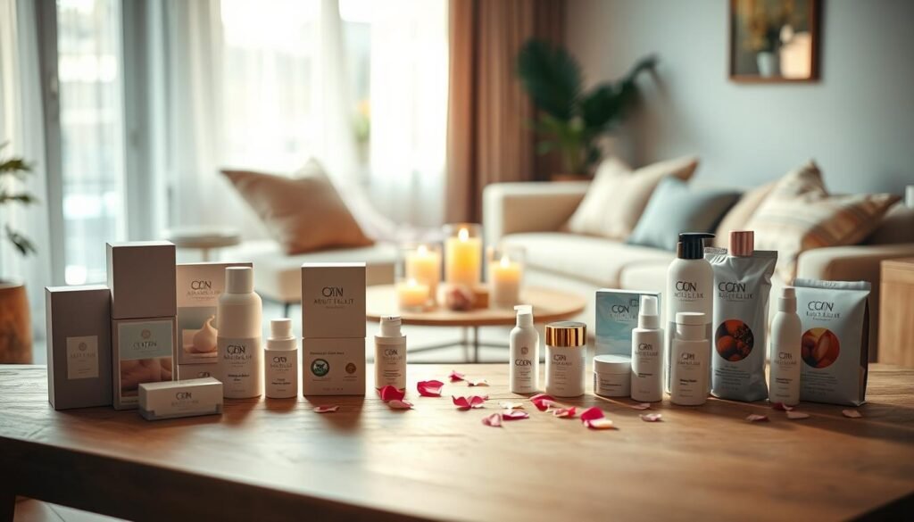A stylish, organized display of various adult health products arranged on a modern wooden table. The foreground features elegantly packaged items in soft, muted colors, hinting at sophistication and variety. In the middle ground, a cozy, softly-lit setting creates a romantic atmosphere, with delicate candles and flower petals scattered gently around. The background highlights a warm, inviting space with plush cushions and subtle decor, enhancing the intimate vibe. Bright, natural lighting filters through a nearby window, creating a warm glow that adds to the cinematic feel. Capture the essence of diverse options for adult wellness in a tasteful and professional manner, ensuring all elements convey a sense of comfort and exploration for couples. 4:3 aspect ratio.