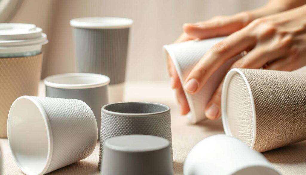 A close-up image showcasing various types of textures and materials used in airplane cup manufacturing. In the foreground, a selection of airplane cups is displayed, highlighting their soft, flexible materials with intricate surface patterns, emphasizing the importance of their tactile qualities. The middle ground features a soft-focus view of hands gently pressing on these cups to illustrate their softness and adaptability. The background consists of a well-lit, neutral-colored surface that enhances the textures without distraction. Use soft, diffused lighting to create a calm and informative atmosphere, reminiscent of a product showcase. The angle should be slightly above eye level, capturing the details without distortion. Ensure the image is professional and suitable for a general audience, with no text or branding present.