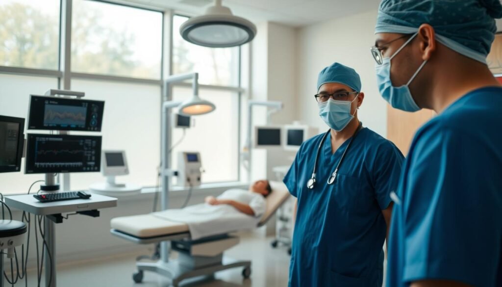A serene and inviting daytime medical center environment, showcasing a professional healthcare setting. In the foreground, a compassionate anesthesiologist in a clean blue scrubs and a surgical mask attentively monitors a patient preparing for a procedure. In the middle ground, modern medical equipment, including monitors and IV stands, are organized neatly around an examination bed. The background features large windows allowing natural light to flood the room, emphasizing cleanliness and transparency in medical practice. Soft, warm lighting enhances the calming atmosphere. The overall mood is reassuring and professional, highlighting the commitment to patient safety in a day surgery setting.