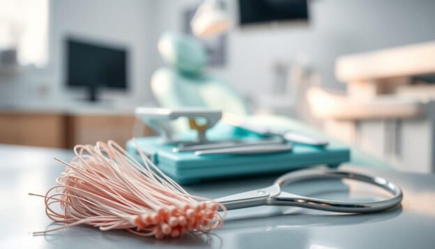 A close-up view of non-absorbable sutures used after wisdom teeth extraction, highlighting their texture and color against a soft focus background of a dental clinic. In the foreground, showcase a clear, detailed image of the sutures neatly positioned alongside a pair of sterile surgical scissors. The middle layer features a dental surgical tray with various dental tools, illuminated by soft, ambient lighting to create a clean and clinical atmosphere. The background should subtly depict a dental chair and equipment, emphasizing a professional dental environment. The overall mood is one of sterility and professionalism, evoking trust in dental care and the effectiveness of non-absorbable sutures in healing post-extraction wounds.