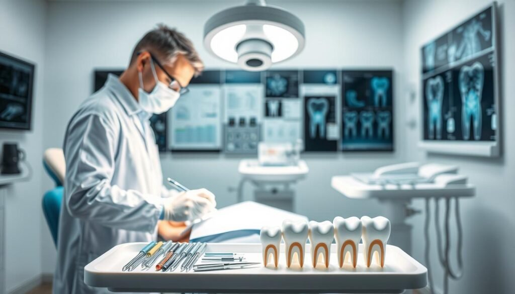 A detailed illustration of a dental procedure focusing on "dental root canal therapy," showing the step-by-step process in a clinical setting. In the foreground, display a dentist in professional attire, skillfully working on a patient reclining in a dental chair, with various dental tools neatly arranged on a tray. The middle layer should focus on the dental chair and equipment, featuring a bright light source overhead that indicates a sterile environment. In the background, include an abstract depiction of dental charts and x-rays on a wall, conveying a sense of professionalism. The lighting should be bright and clinical, creating a calm yet focused atmosphere, emphasizing the importance of dental health and treatment efficacy. The composition should evoke trust and expertise in dental care without any text or additional distractions.