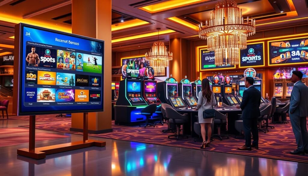 A dynamic and engaging scene depicting "3A Entertainment City's bonus design," showcasing various gaming elements. In the foreground, illustrate a sleek digital display board with vibrant graphics highlighting different game categories like sports and live dealer games, emphasizing diverse bonus structures. The middle ground features stylized representations of the different gaming environments, including a sophisticated sports betting area and a luxurious live gaming lounge, with elegant yet modestly dressed patrons engaged in gameplay. The background offers a modern casino atmosphere with glimmering lights and interactive digital elements, creating a lively yet professional setting. Use warm lighting to evoke excitement and enhance the overall ambiance, captured from a slightly elevated angle to provide depth and perspective. The scene should radiate a sense of innovation and strategic design in the gaming industry.