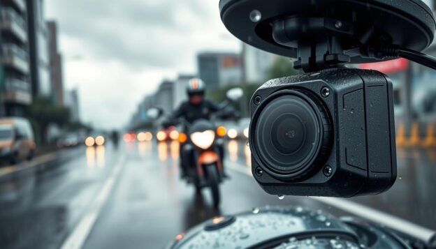 A high-quality image of a waterproof motorcycle dashcam showcasing its IP68 rating against a backdrop of a rainy landscape in Taiwan. In the foreground, the dashcam is prominently displayed, glistening with raindrops, emphasizing its robust design. The camera lens is clear, highlighting intricate details of the technology used to ensure water and dust resistance. In the middle ground, blurred outlines of a motorcycle can be seen, partially obscured by rain, symbolizing its connection to the dashcam. The background features a rainy city street with overcast skies, enhancing the mood of a typical Taiwan summer. The lighting is soft and diffused, reflecting the gloomy weather, while an overall sense of reliability and protection for riders is captured in the scene.