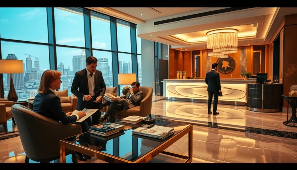 A sophisticated hotel lobby scene reflecting the multifaceted significance of hotel consumption. In the foreground, elegantly dressed professionals engage in business discussions over a luxurious coffee table adorned with brochures and a laptop. The middle ground features a stylish reception desk, with a friendly concierge assisting guests, showcasing a sense of hospitality. Rich, ambient lighting casts a warm glow across the polished marble floors. In the background, large windows reveal a bustling cityscape, symbolizing opportunities and experiences available through hotel stays. The atmosphere is lively yet refined, conveying the importance of hotels as spaces for both leisure and business interactions, with an emphasis on comfort and professionalism.