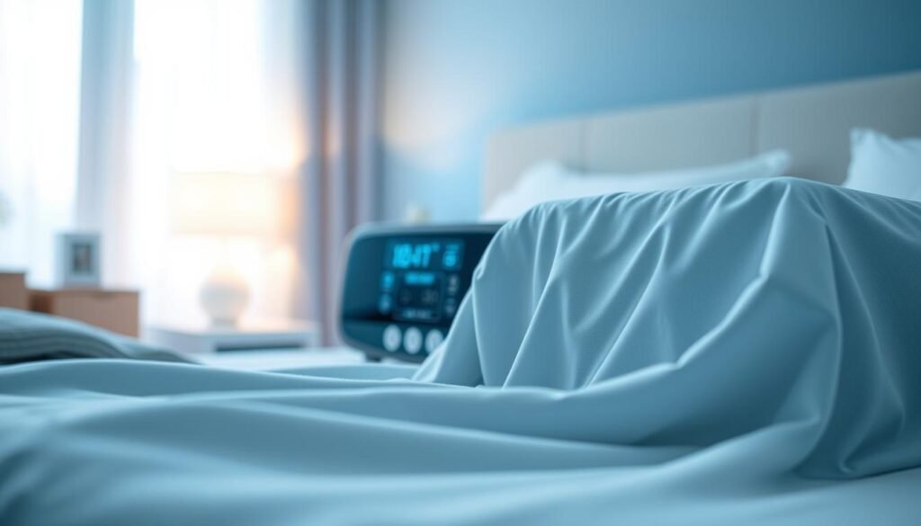 A close-up view of a respiratory machine cover designed for dust protection. The foreground features the cover made of a soft, breathable material, showcasing its durable stitching and elastic edges. In the middle ground, a sophisticated sleep respiratory machine sits neatly, with its digital display softly illuminated. The background exhibits a serene bedroom environment, with gentle ambient lighting enhancing the calming atmosphere. A subtle blue color palette evokes a sense of tranquility and safety. The image should be captured with a moderate depth of field, focusing sharply on the cover and machine while slightly blurring the background elements, creating an inviting mood suitable for an informative article.