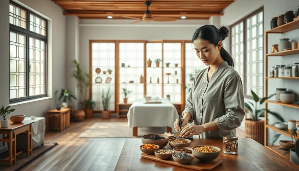A serene and inviting interior of a traditional Chinese medicine clinic in Sha Tin, showcasing a structured treatment room designed for postpartum care. In the foreground, a professional female practitioner in modest casual clothing expertly prepares herbal ingredients on a wooden table. The middle ground features a tranquil treatment area with soft natural light filtering through large windows, illuminating a comforting array of traditional herbs and medicinal items displayed on shelves. The background highlights elegant bamboo decor, calming colors, and elements symbolizing wellness, such as potted plants. The atmosphere conveys a sense of peace and scientific approach to holistic health, emphasizing the progressive methods of Sha Tin Chinese medicine versus conventional postpartum care, all captured with a warm, inviting tone and a focus on clarity and detail.